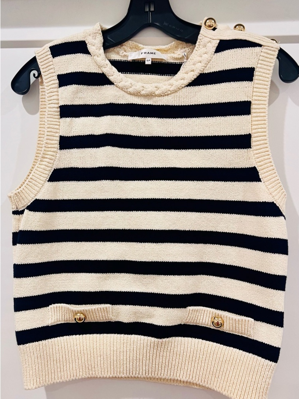 FRAME Harbor Striped Knit Vest Cream Navy Gold Button Nautical Coastal Chic S - Picture 4 of 10
